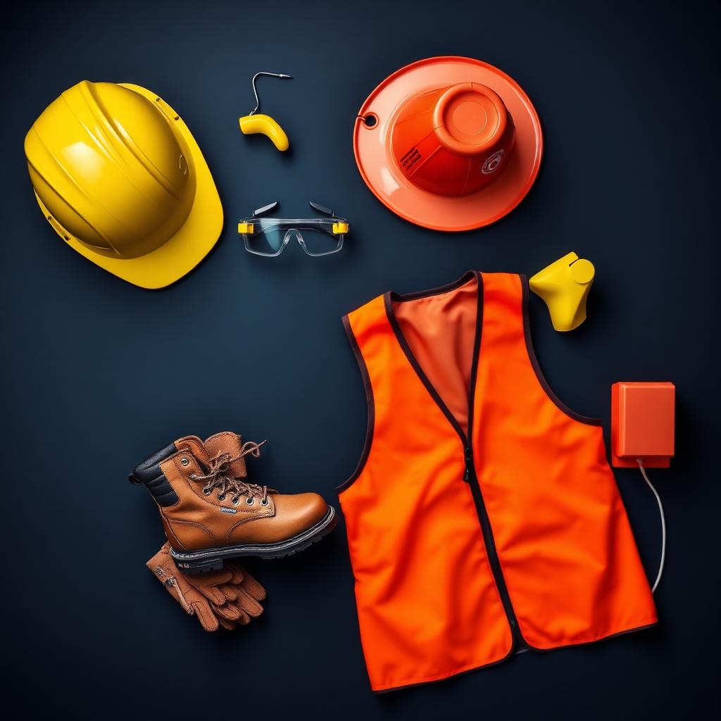 Composição com capacete amarelo, óculos, colete refletivo laranja, botas de segurança e luvas